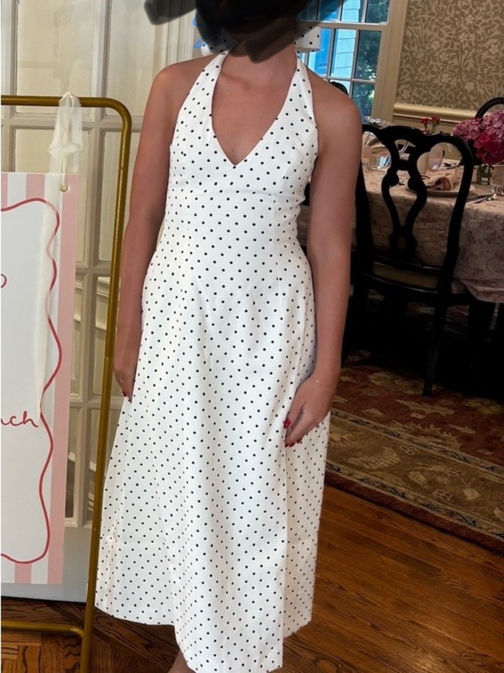 Halter Polka Dot Midi Dress in White with Black Dots